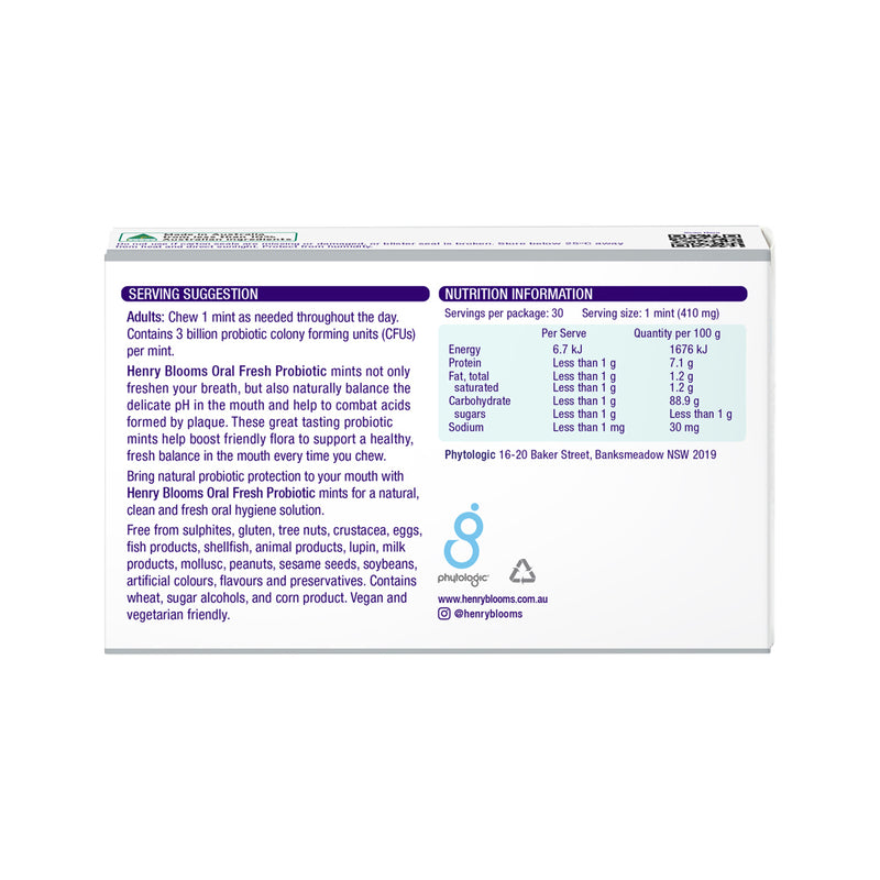 Load image into Gallery viewer, Henry Blooms Oral Health Oral Fresh Probiotic Chewable Peppermint x 30 Pack