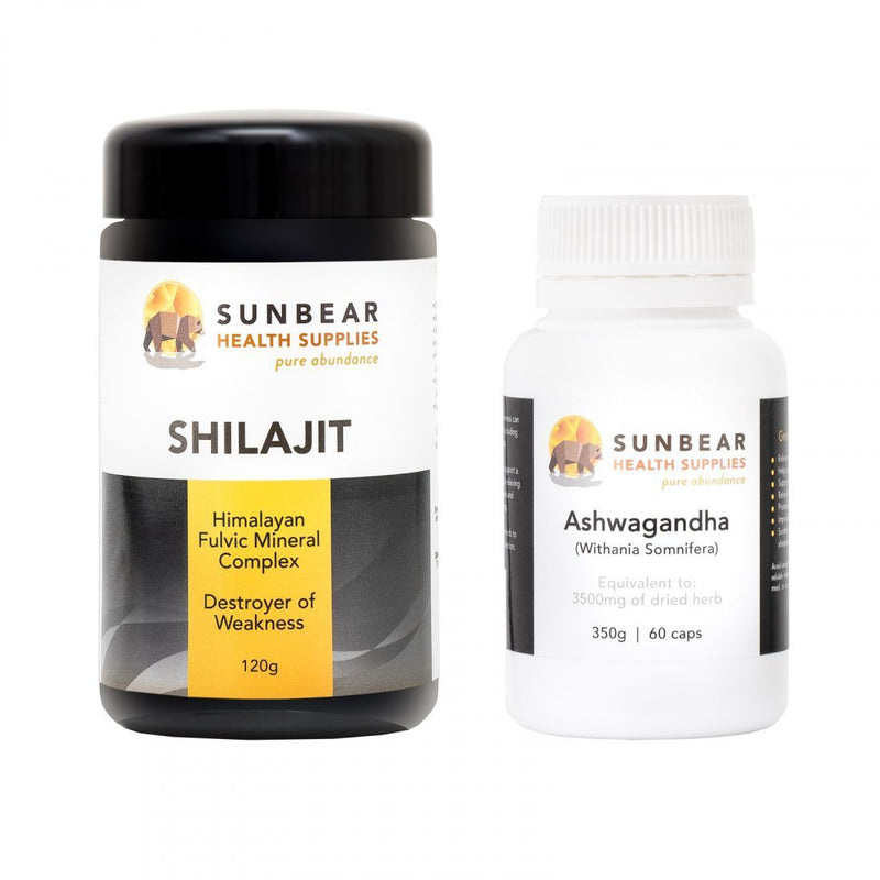 Load image into Gallery viewer, Sunbear Health Supplies - Shilajit Powder 120g and Ashwagandha 60 Caps