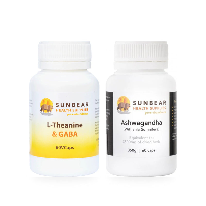 Load image into Gallery viewer, Sunbear L-Theanine & GABA and Sunbear Ashwagandha bottles together