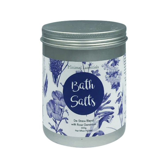 Minimal Essentials Bath Salts De-Stress Blend with Rose Geranium 500g