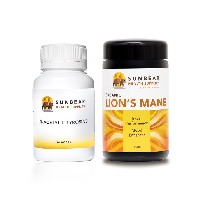 Sunbear Health Premium Organic Lion's Mane Extract (10:1 Ratio) - 100g  + N-Acetyl-L-Tyrosine – Sunbear Health Supplies – 500mg – 60VCaps