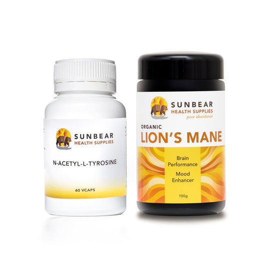 Sunbear Health Premium Organic Lion's Mane Extract (10:1 Ratio) - 100g  + N-Acetyl-L-Tyrosine – Sunbear Health Supplies – 500mg – 60VCaps
